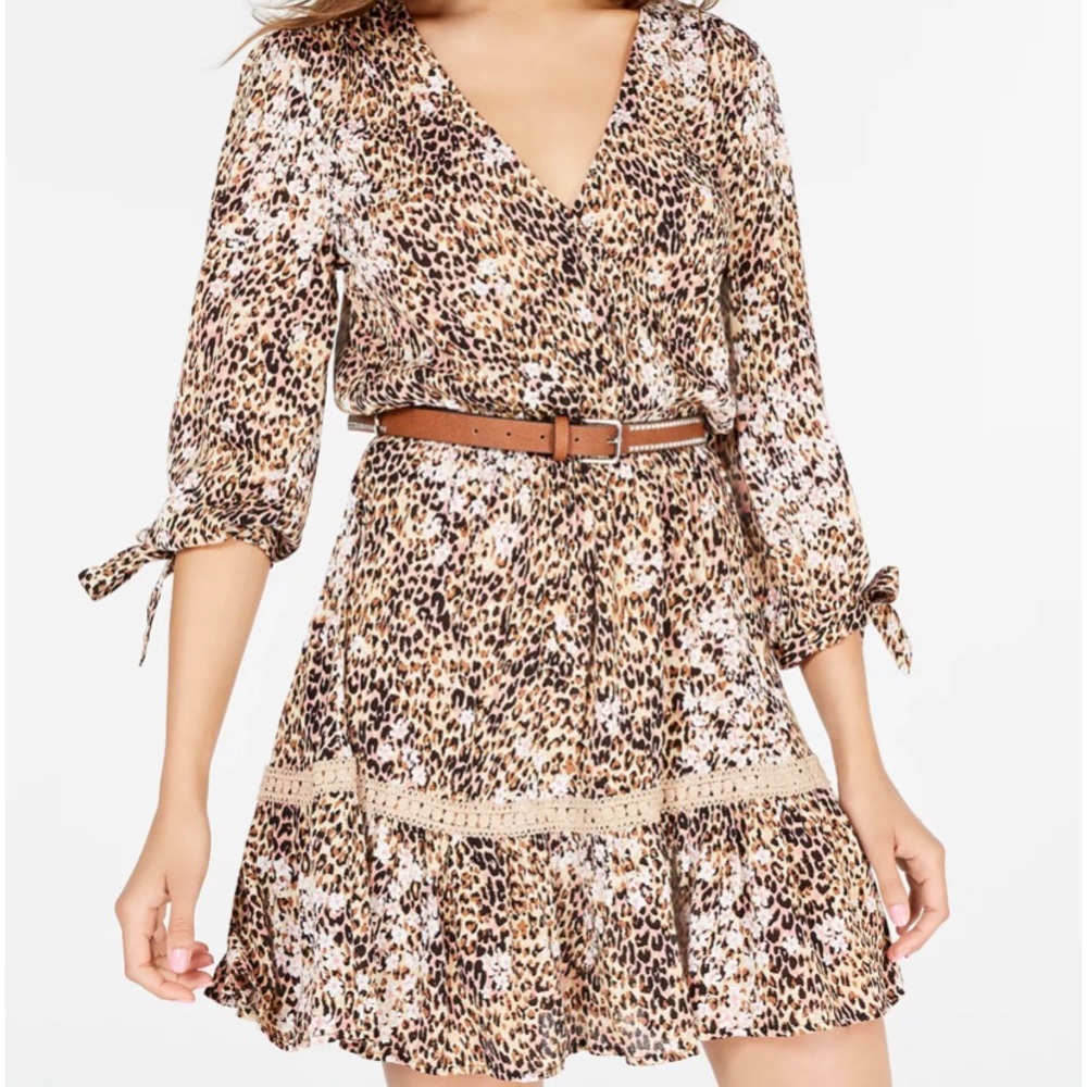 American Rag Womens Juniors Belted Animal Print Mini Dress-Tiger Irish Cream